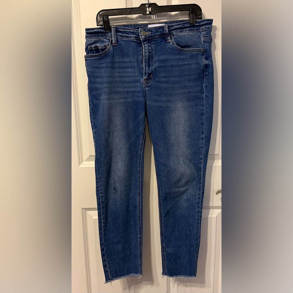 Denim Blue Straight Leg Women's Jeans With Raw Hem